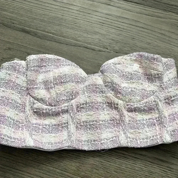 ✨🆕Zara🆕✨ | Purple, pink and white mini gingham checkered tweed tube top - Picture 5 of 12